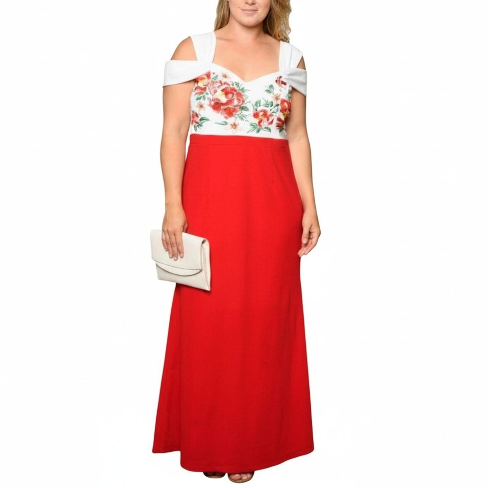 Soieblu NWOT Plus Size 1X Floral Colorblock Embroidered Maxi Dress Cold Shoulder